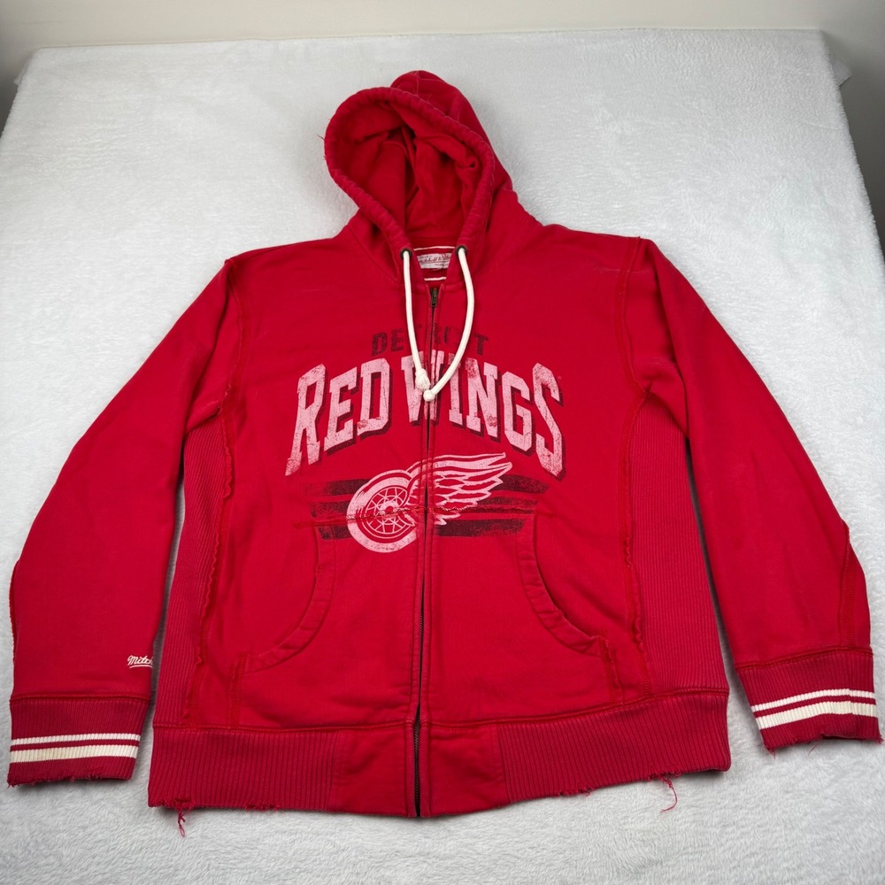 VTG Mitchell & Ness Detroit Red Wings Hoodie Mens L Red Distressed Full Zip NHL
